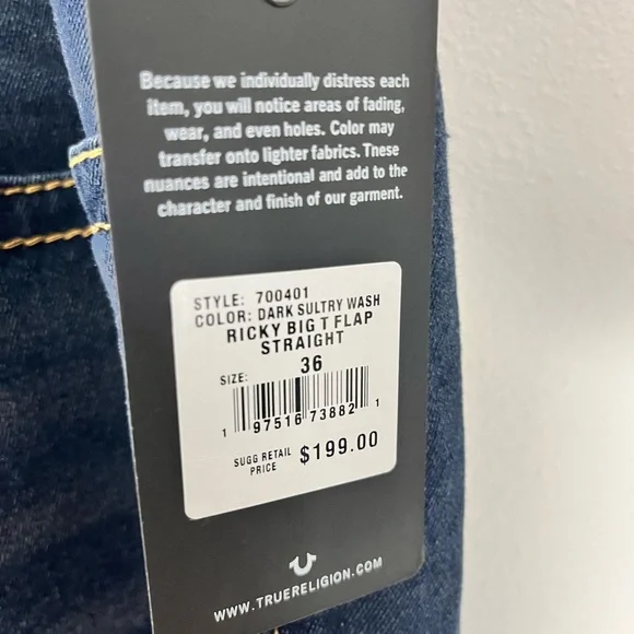True Religion Ricky Big T Flap Relaxed Straight Fit Jeans SZ 36 X 34 NWT